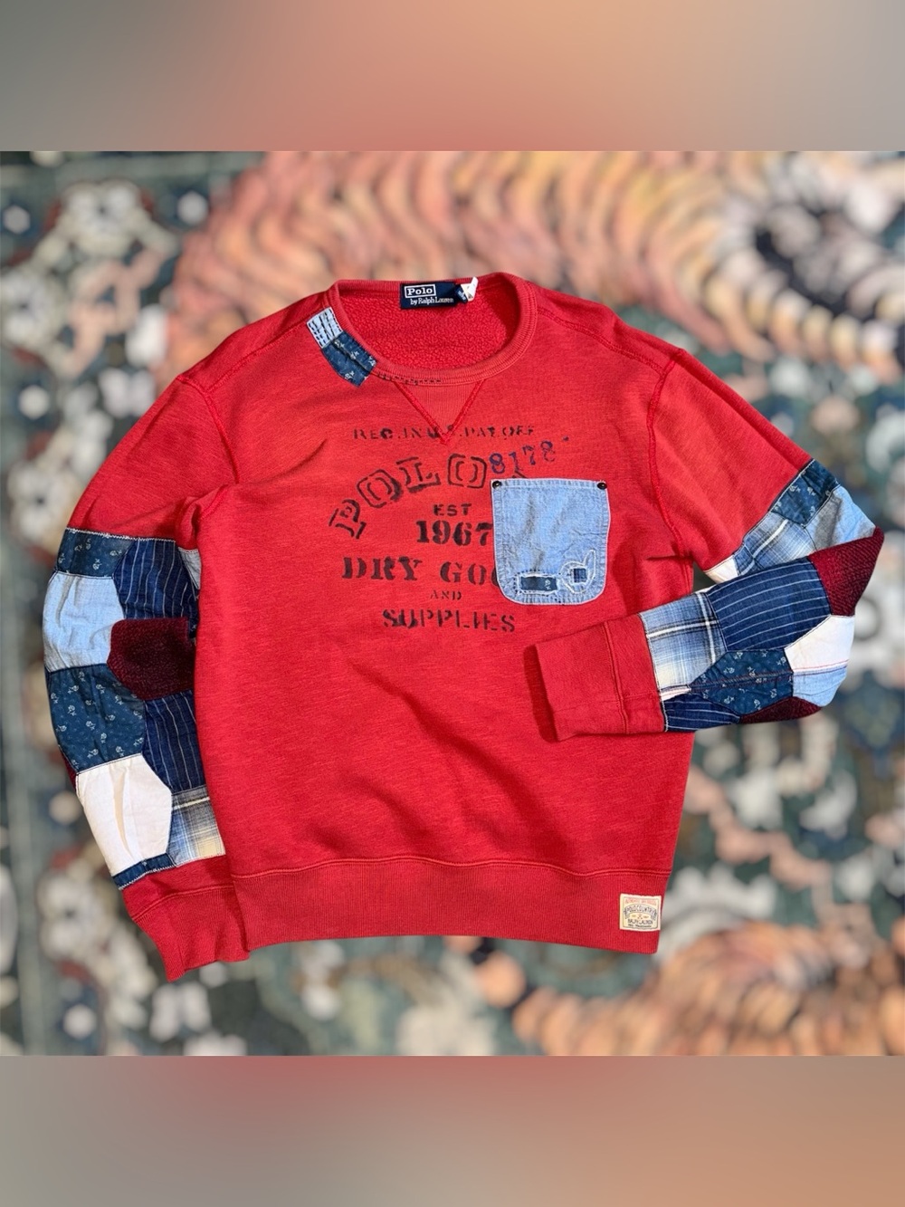 Ralph Lauren Polo Country Patchwork Fleece Sweatshirt Pullover Red Mens Small